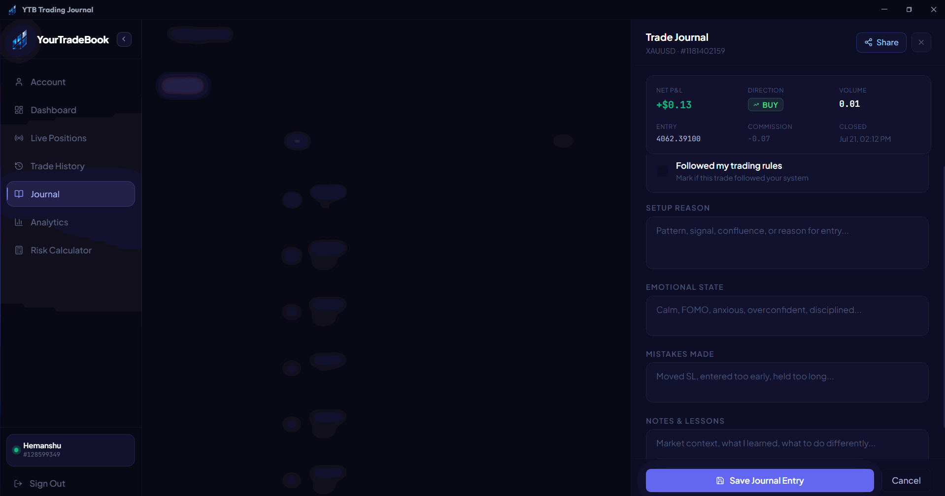 YourTradeBook journal entry form with pre-built prompts for setup reason, emotional state, mistakes made, and notes, plus a single checkbox for whether the trade followed your plan